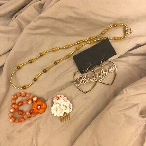 bundle gold heart necklace, earring set, flower bracelet, hair comb
